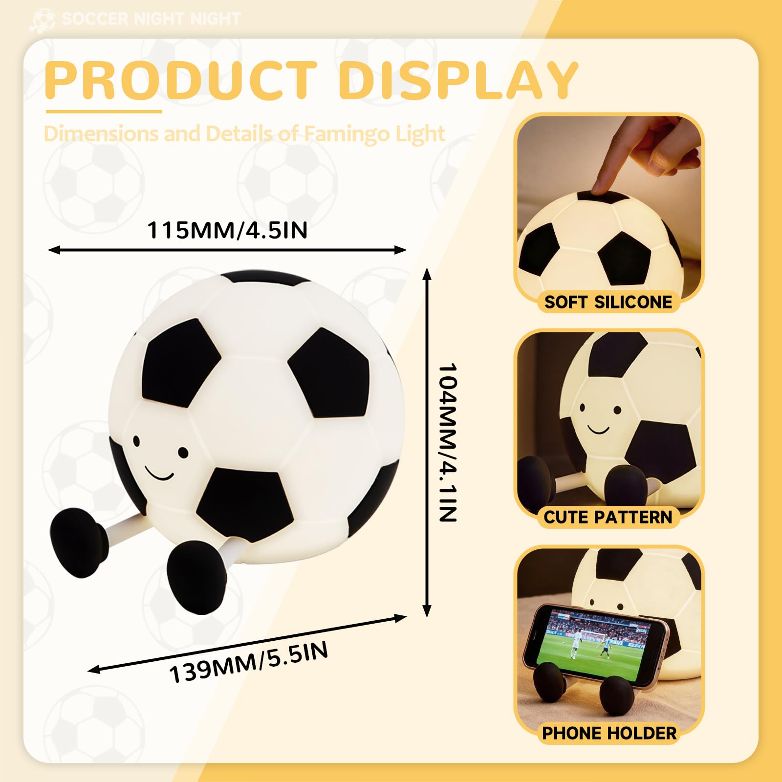 Luz nocturna de fútbol para niños, lámpara de noche de silicona ajustable y temporizada, lámpara de noche de guardería, dormitorio, decoración de fiesta, adecuada para niños y niñas