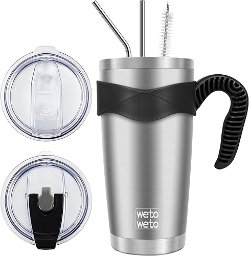Vista 35 de WETOWETO - Vaso térmico de acero inoxidable de 20 onzas con mango, taza de café con 2 tapas y 2 pajillas, doble pared con aislamiento al vacío, vaso