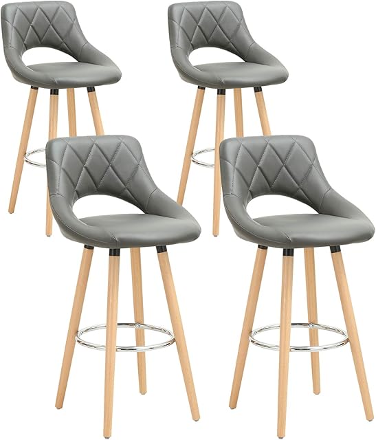 WOLTU Breakfast Kitchen Counter Bar Stools Set of 4 pcs Faux Leather Seat Bar Chairs Wood Legs Barstools Grey High Stools