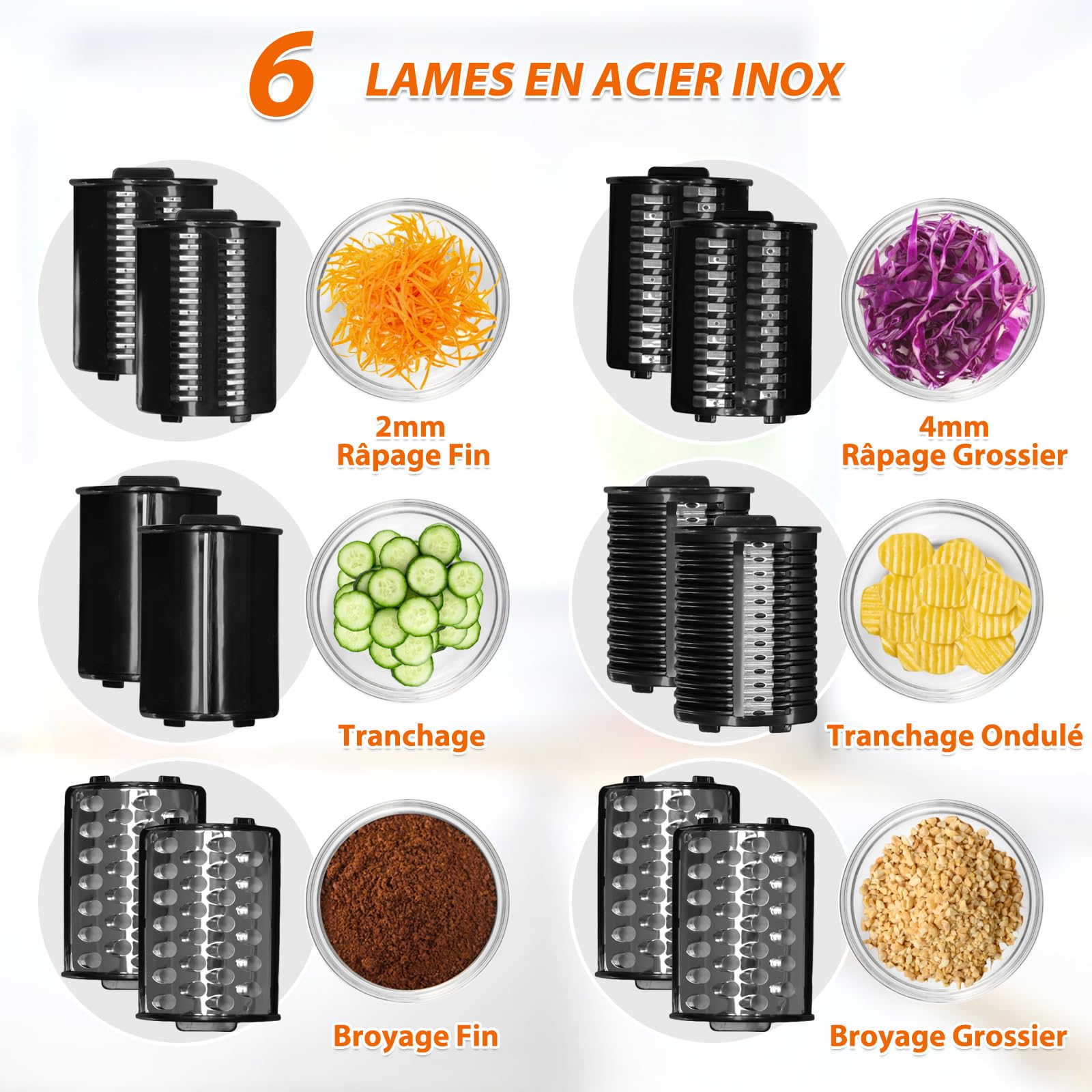 Anatole Coupe Légumes Électrique Rape à Fromage Acier Inox 6 Lames 250W Rapeuse Carottes Professionnel Grand Calibre Trancheuse de Légumes Multifonctions 220V Fiche UE