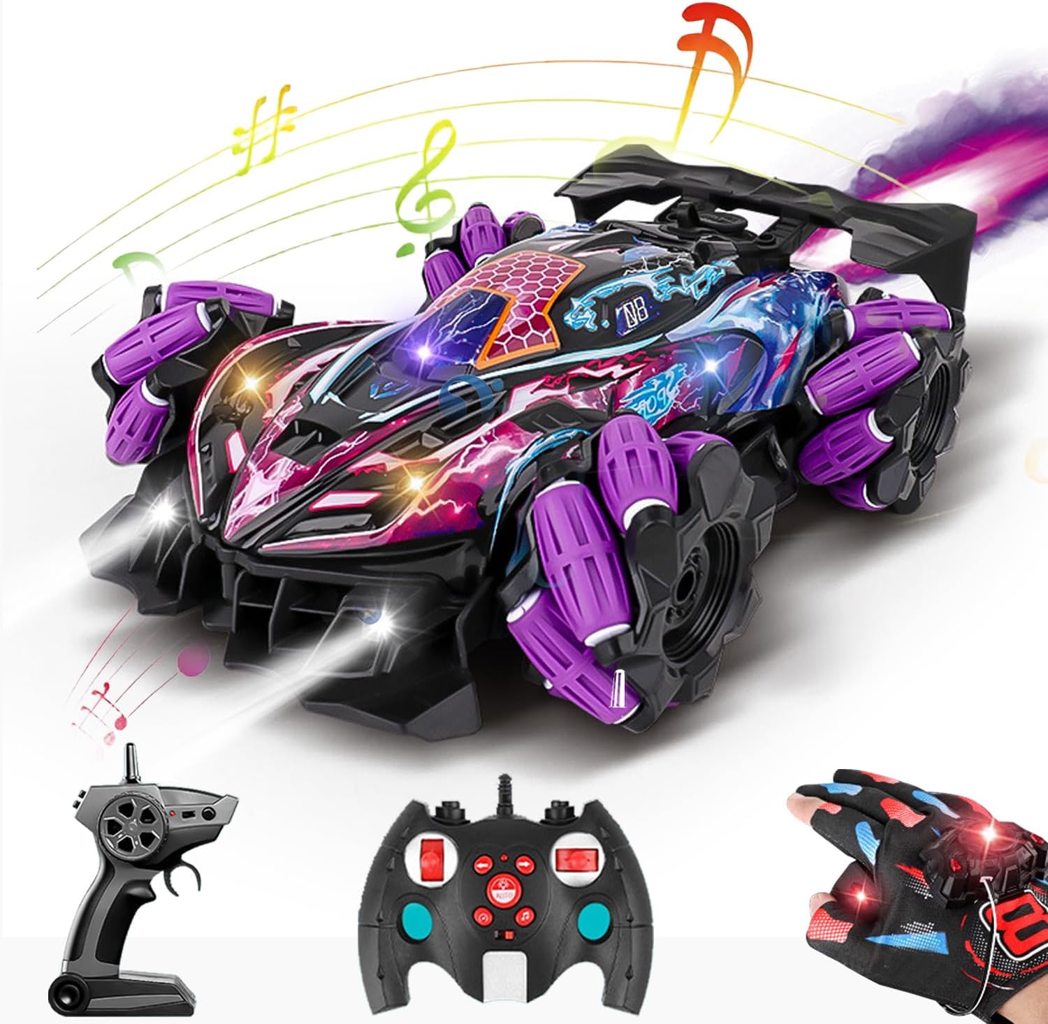 GoolRC RC Stunt Car, Gesture Sensing RC Cars, 2.4GHz 4WD Remote Control Car with 360?Rotating, Spray, Lights & Music, 3 Control Mode for Adults Birthday Gifts, 1 Battery (Purple)