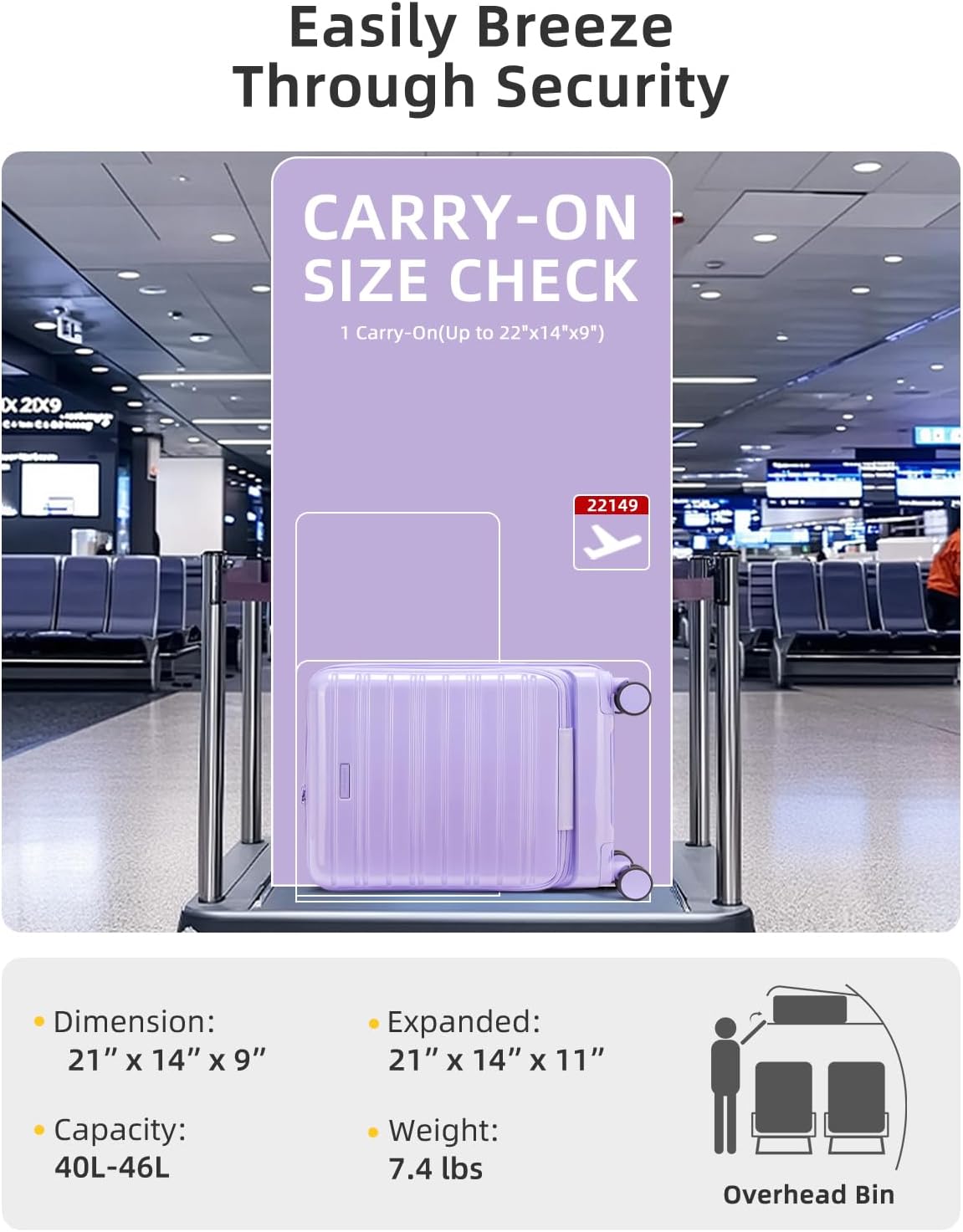 LARVENDER Carry On Luggage 22x14x9 Airline Approved, 20 Inch Expandable PC+ABS Hardside Carry On Luggage with Front Pocket Spinner Wheels TSA Lock for Women Men (Lavender) - Image 4