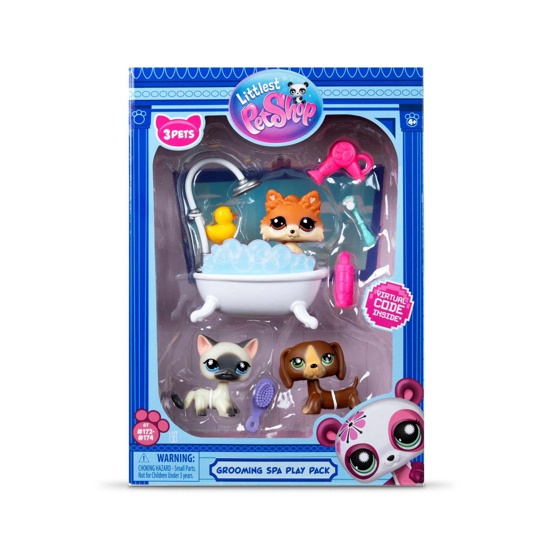 BANDAI - Littlest Pet Shop - DÍA DE SPA BF00638, 3 Mascotas, 10 Accesorios, 1 Tarjeta de coleccionista, 1 código Virtual, Generación 7 Mascotas 172, 173, 174, Figuras de LPS, a Partir de 4 años