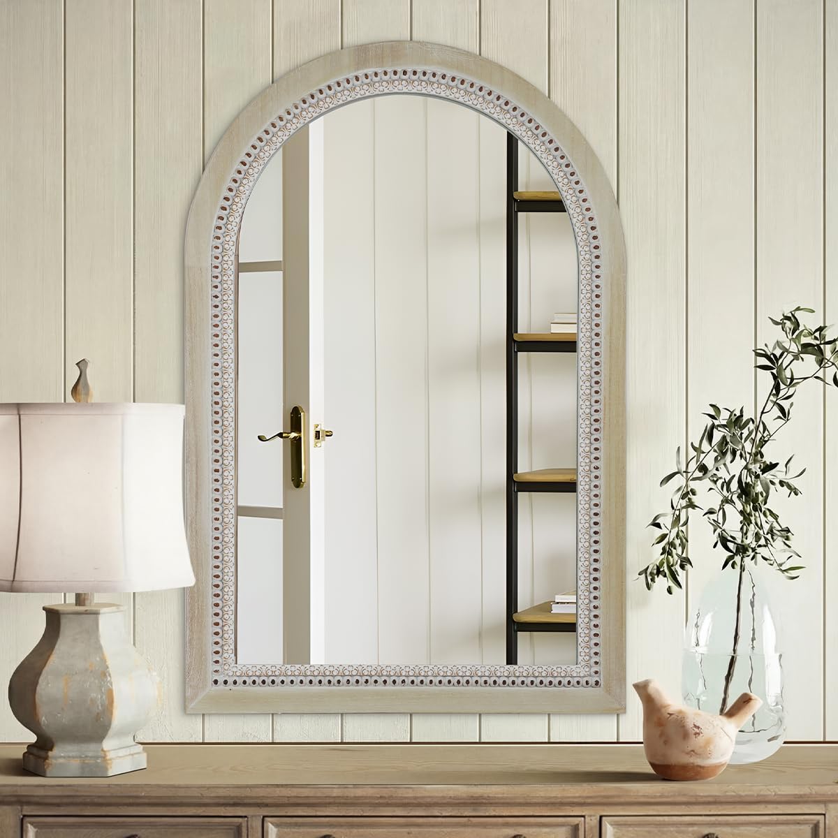 Arched Wooden Mirrors for Farmhouse Wall Decor Arched Wood Frame With Beads Details, Rustic Large Bathroom Vanity Mirrors for Bathroom, Over Sink, Bedroom, Living Room, Entryway,Foyer (36''Lx24''W)
