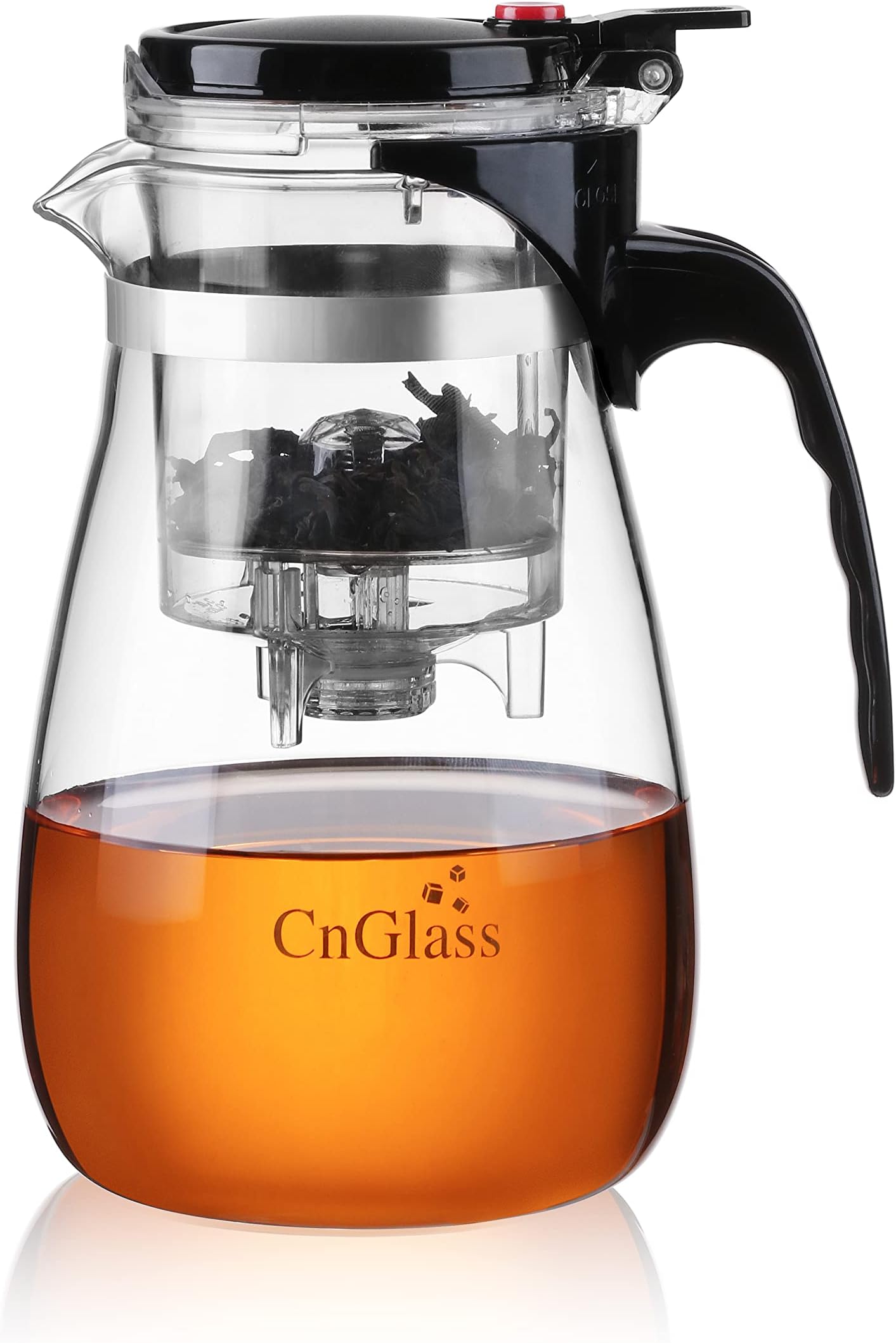 CNGLASS Glass Teapot with Removable Infuser,30.5oz Clear Tea Kettle with One Button Press to Filter the Tea Soup,Loose Leaf and Blooming Tea Maker