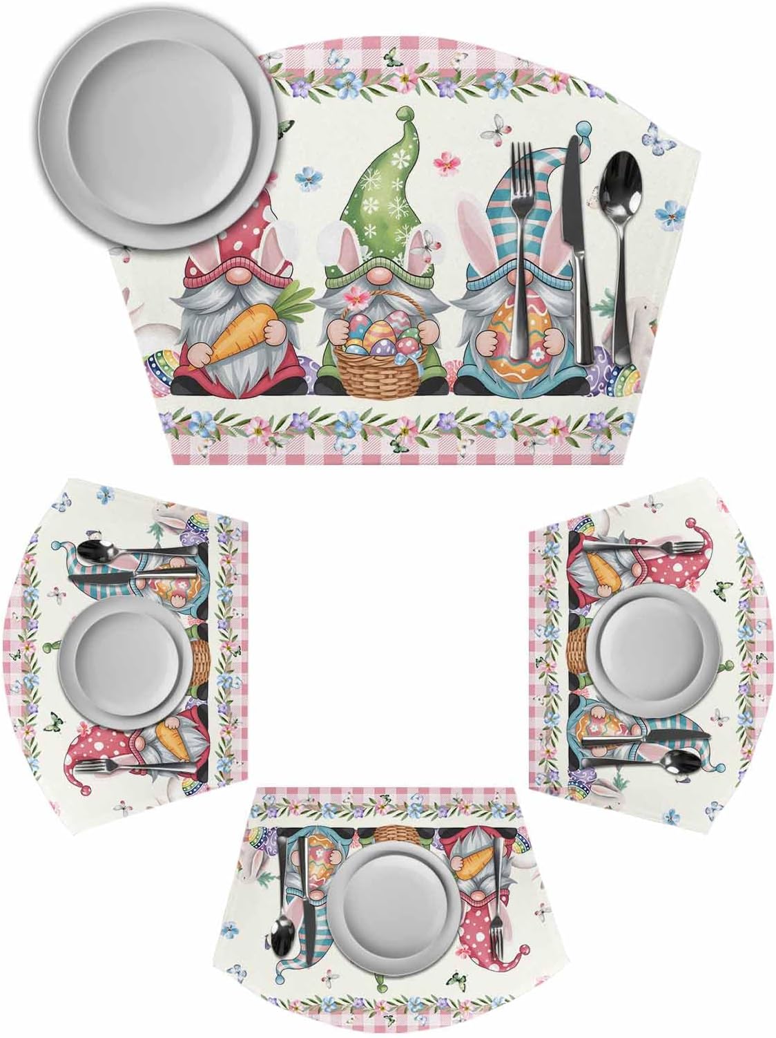 Happy Easter Round Placemats Set of 4, Funny Gnomes Rabbits Colorful Eggs Plaid Placemats for Round Dining Table Shape Wedge Placemat for Outdoor Indoor Wipeable Clean Table Place Mats