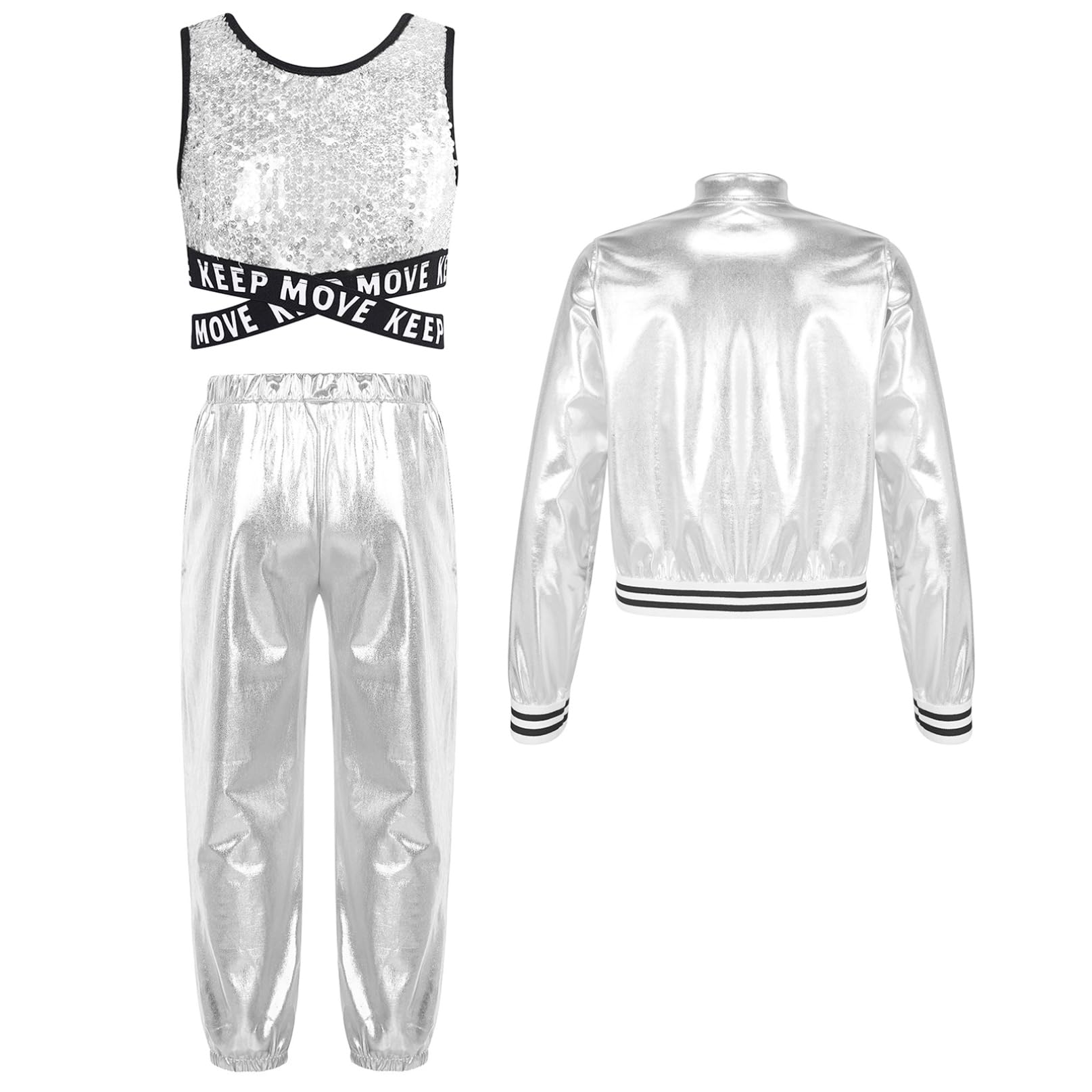 iiniim 3 Pezzi Tuta Sportiva Bambina Completo Costume da Ballo Moderno Lucido Crop Top Jacket con Zip + Pantaloni di Strada Jazz Hip-Hop Streetwear