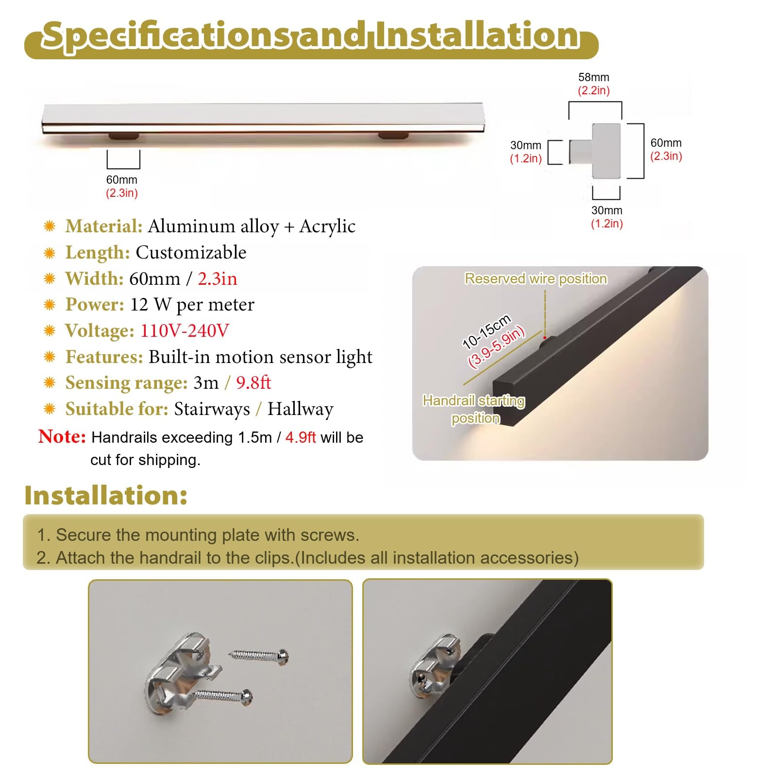 LED Mot Sensor il Lichter für Treppen 1,5m Schwarz Aluminium beleuchtet Geländer Energieeffiziente Beleuchtung für Innen Außen Stufen Sichere Beleuchtung Solut
