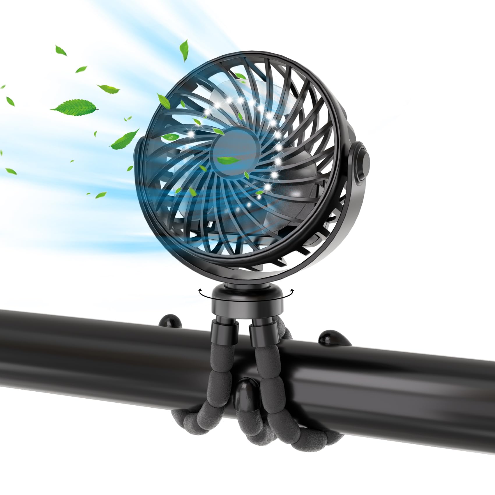 Stroller Fan, 3-Speed 360°Rotate Mini Portable Fan, Rechargeable Battery Powered Fan, Handheld Fan with Flexible Tripod, Mini Personal Fan For Car Seat Crib Treadmill Travel (Black)