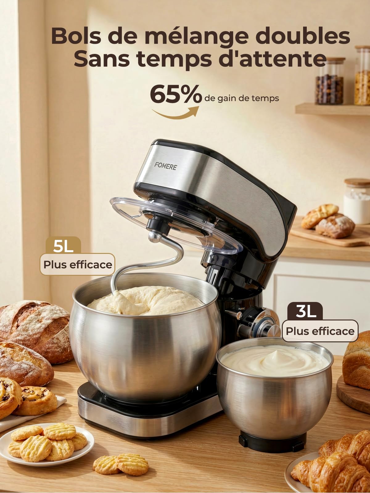 Robot Pâtissier avec 5L + 3L Bols en Acier Inoxydable, Crochet Pétrisseur Renforcé, 1300W Robot Pâtissier Professionnel, 6+P Vitesses Pétrin, Crochet à Pâte, Batteur Plat & Fouet pour Pâtisserie Mai