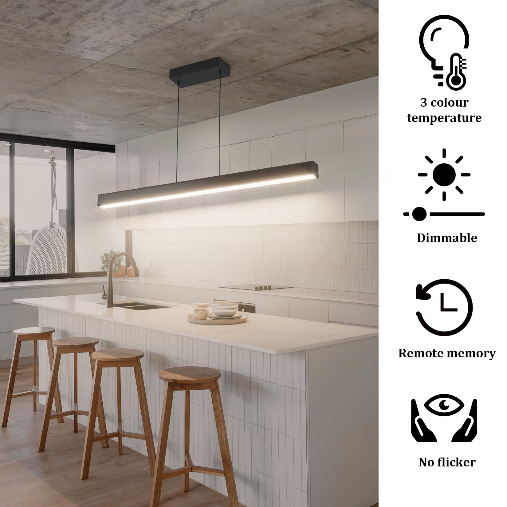 LED Pendelleuchte, 36W, Hängeleuchte mit Fernbedienung, 3000K-6000K drei Farbtemperaturen einstellbar, moderne Pendelleuchte für Wohnzimmer Schlafzimmer, Länge 100cm, Schwarz
