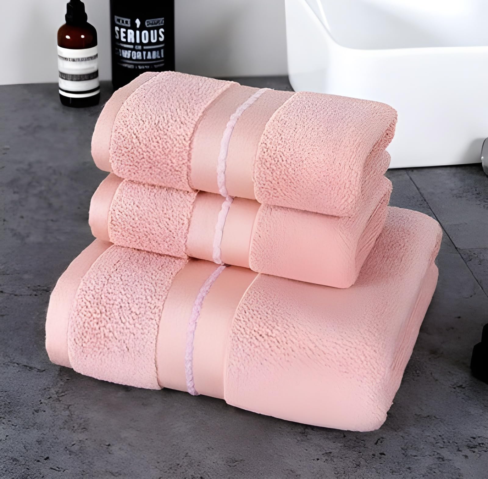 Cotton Bath Towel Set Used For Homes, Spas and Hotels, Pink (3 pcs)- 34 x 34 cm, 34 x 75 cm, 70 x 140 cm, Golden Silk Design, Water Absorptant, Durable