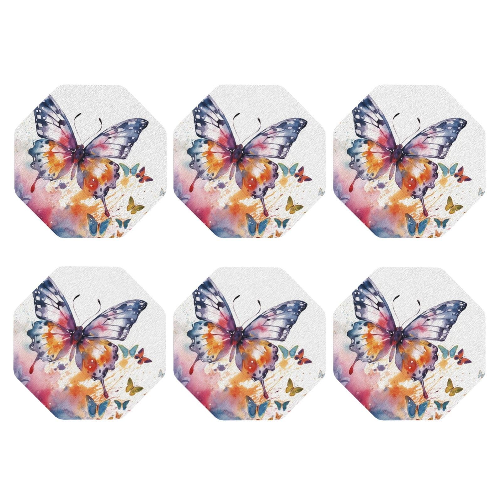 6pcs Leather Coasters for Drinks, Watercolor Butterfly Drink Coasters for Tabletop Protection, 4" Cup Coasters for Coffee Table Decor, Non-Slip Drinking Cup Mat for Hot Or Cold Drink