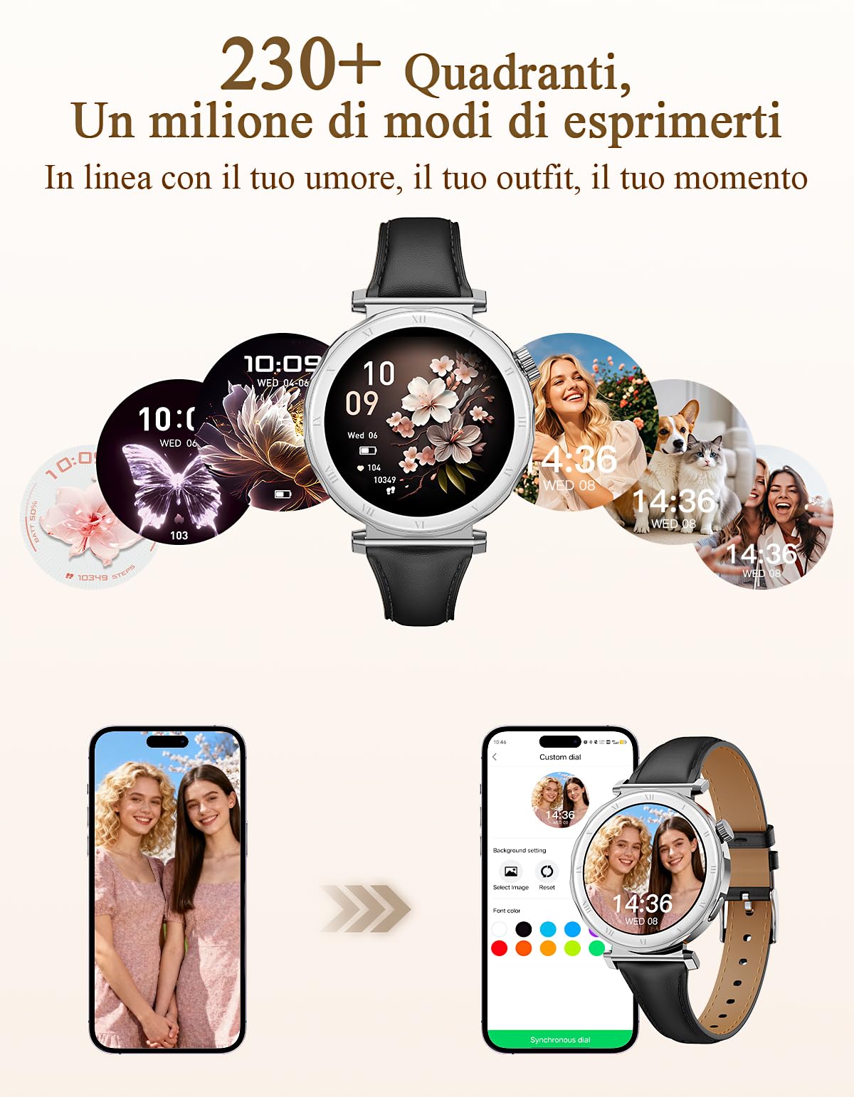 Smartwatch Donna - Elegante in Piccolo con Display AMOLED 1,19" Cinturino in Pelle Sottile, Orologio Fitness con Contapassi, Cardiofrequenzimetro/SpO2/Sonno per iOS/Android, Argento/Nero