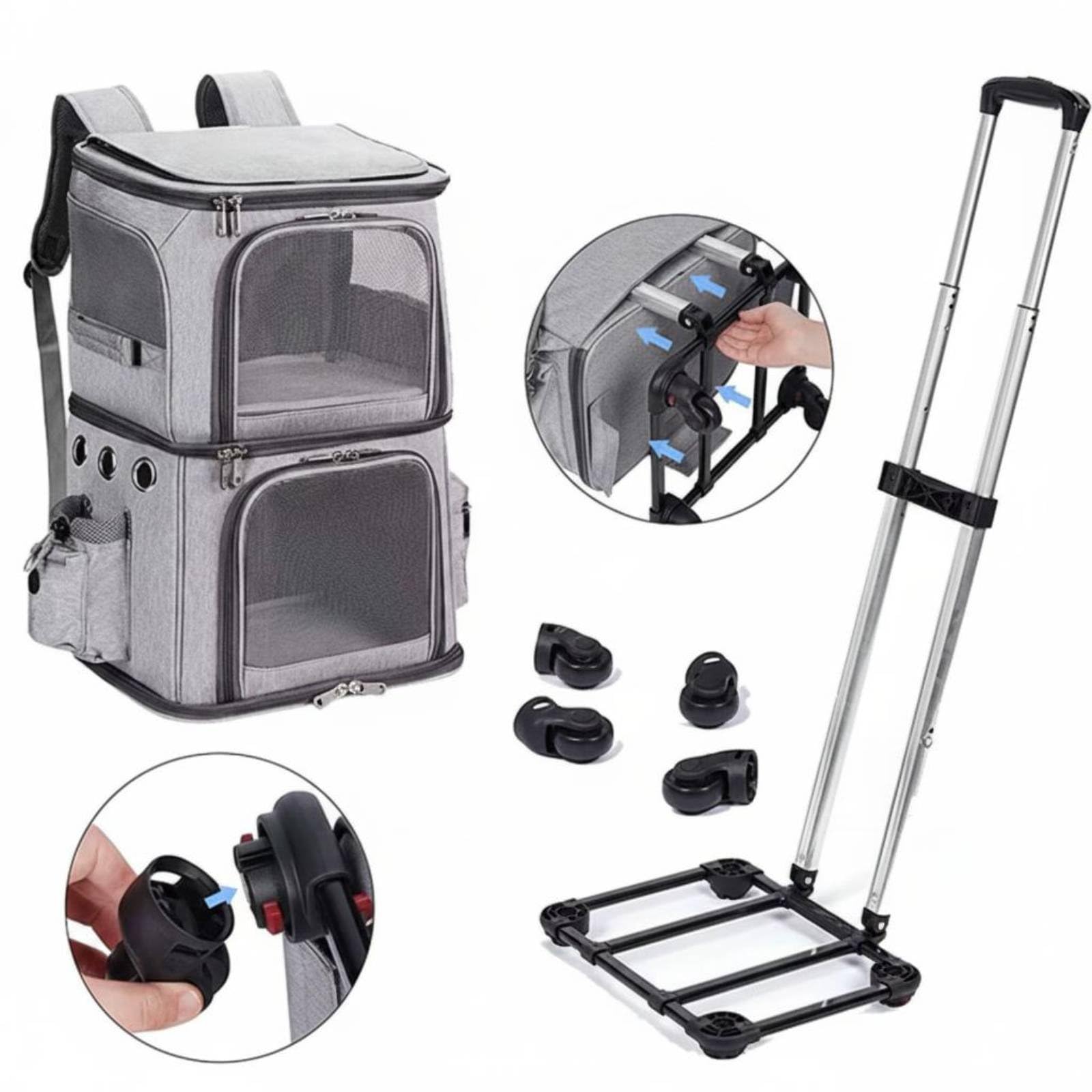 Travel Carrier Doppelstock Haustier Trolley Tasche Tiertransport Tasche Haustierkoffer mit Rollendem Fahrwerk Und Tragbarem Griff aus Oxford mit, Blau, Dunkelblau, Groß 35 28 63 Cm