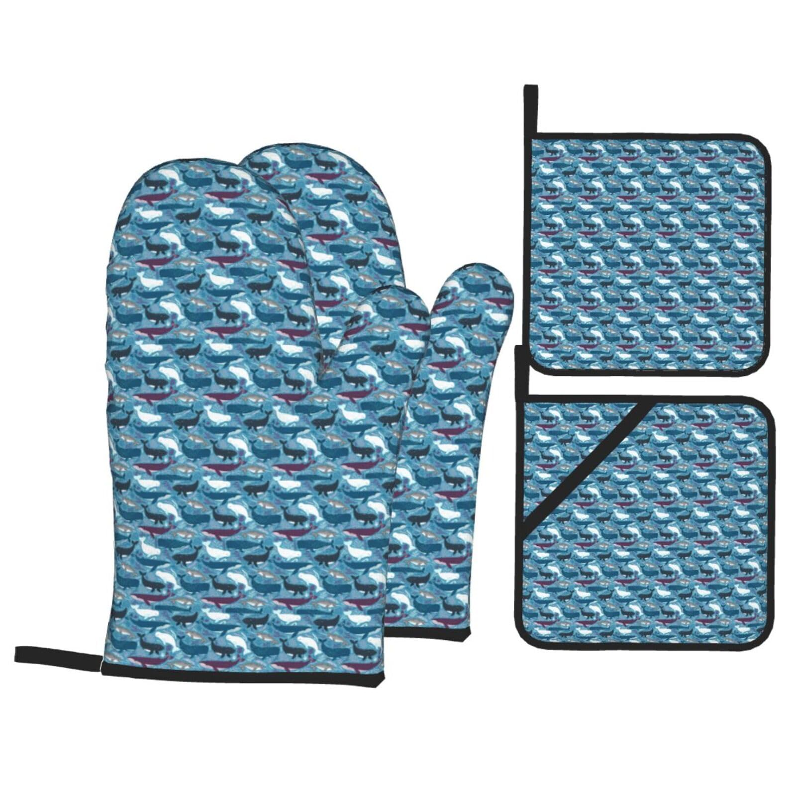 Nimongt Black Whale Pattern Print Heat-Resistant 4-Piece Oven Kitchen Gloves For Baking Cooking Microwaving Essentials
