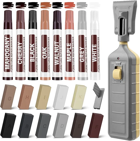 Vinyl Floor Repair Kit with Heat Pen,Wood Filler Set of 21,Laminate Floor Furniture Repair Kit Wax Wood Touch Up Markers,for Stains, Scratches,Cover Ups,Wood Floors,Desks and Hole for Door,Cabinet