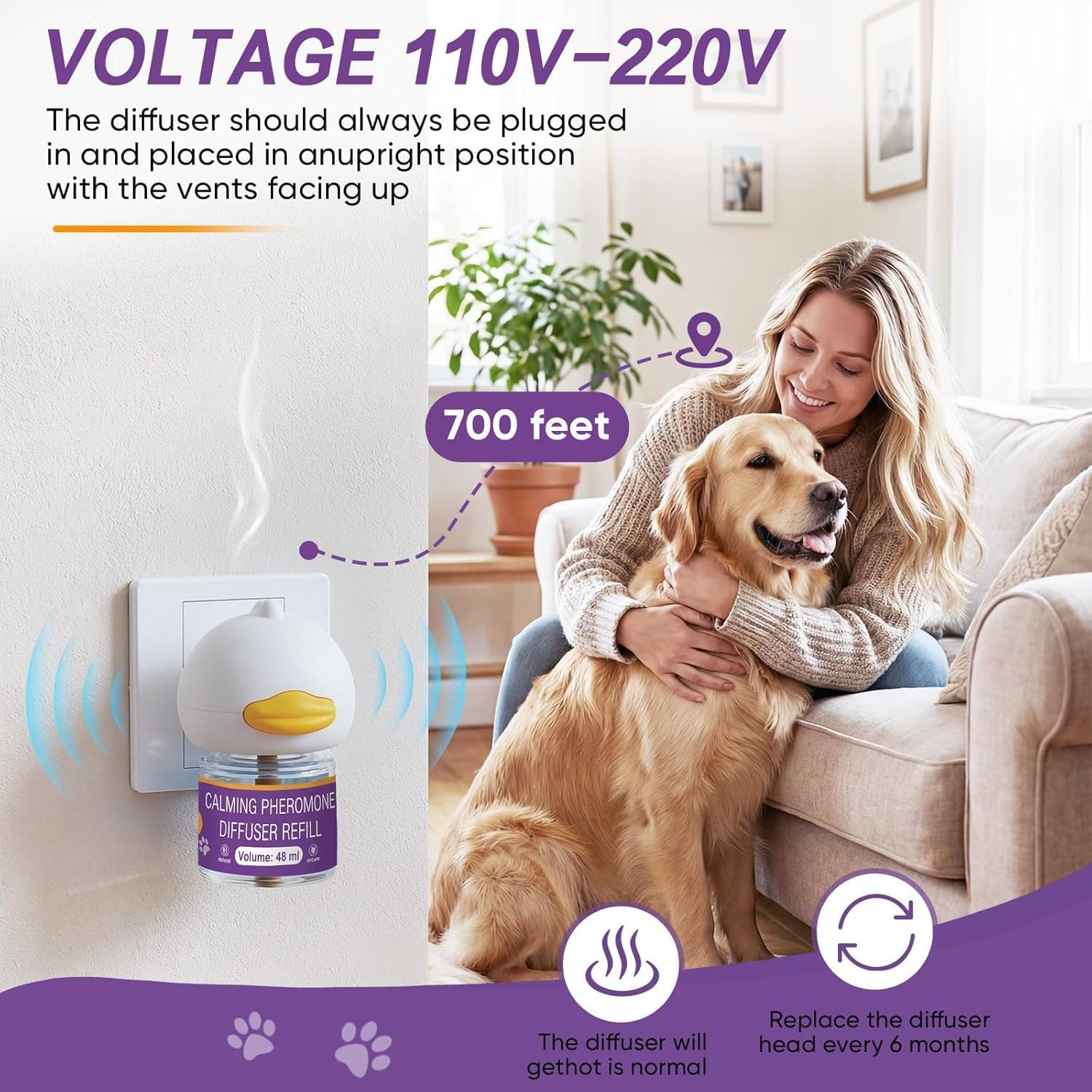 Dog Calming Pheromones Diffuser 6 in 1 Kit Appeasing Pheromone Diffuser to Calm (2 Plug in+4 Pack 48ml Refill) for Anxiety Relief Reduce Aggression Fighting Barking Stress 120 Day Supply