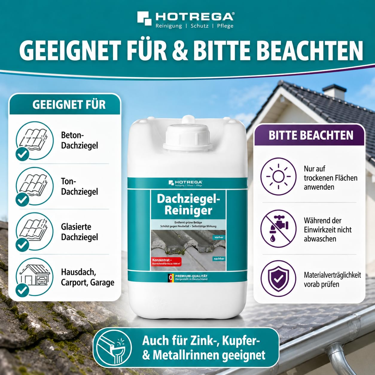 HOTREGA Dachziegel Reiniger Konzentrat 5 L | Gegen Algen & Moos | Chlorfrei | Selbsttätiger Grünbelagentferner | Reichweite bis 1000m² | Für Beton, Ton & Glasur | Schont Kupfer, Zink & Metallrinnen