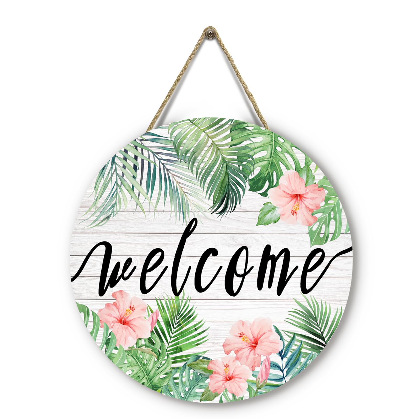 Summer Tropical Welcome Palm Leaf Sign for Front Door Wooden Green Palm Leaves Flower Door Signs Summer Floral Round Door Hanger for Wall Home Office Decorations