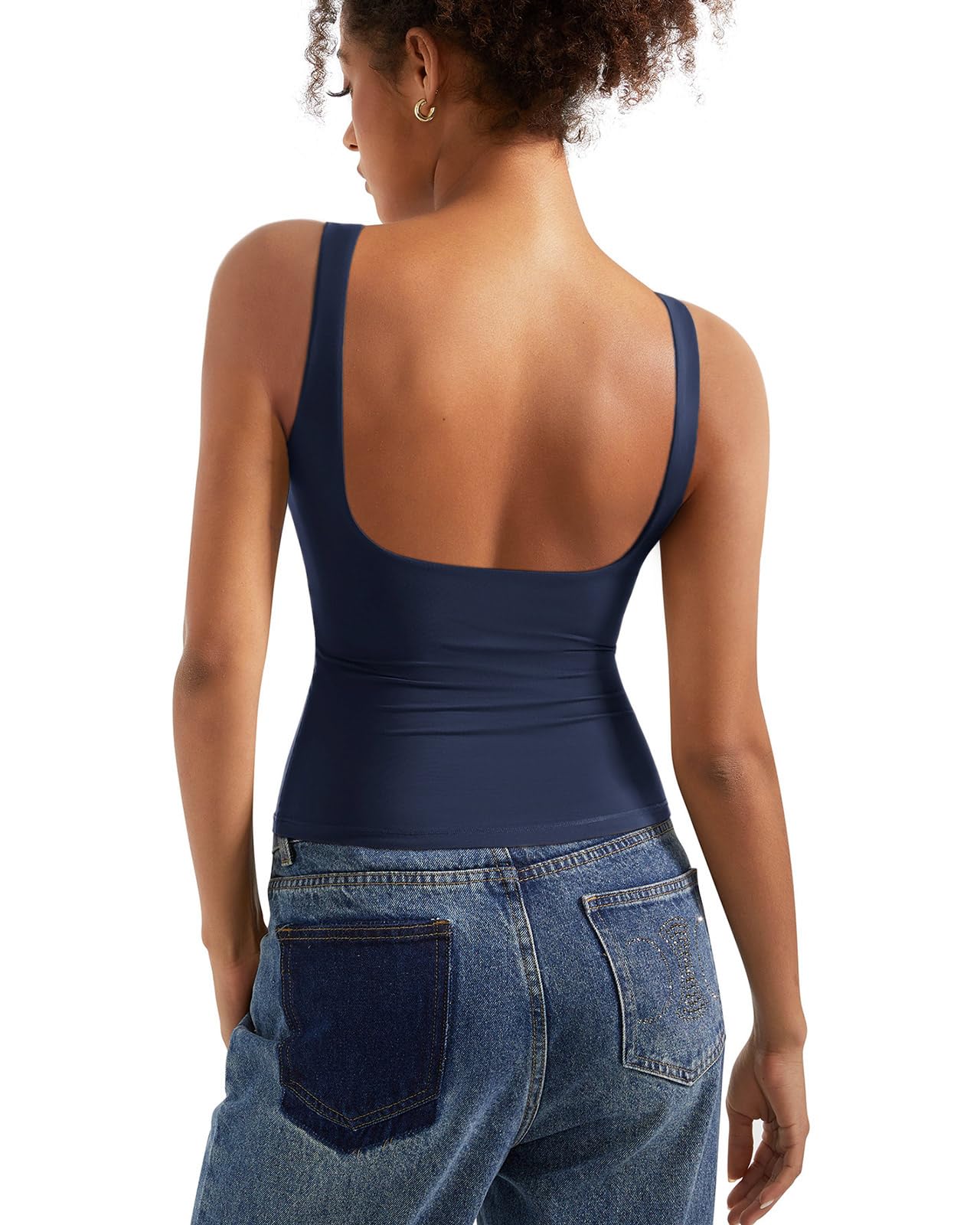 SUUKSESS Women Padded Open Back Boat Neck Tank Tops Double Lined Basic Shirts