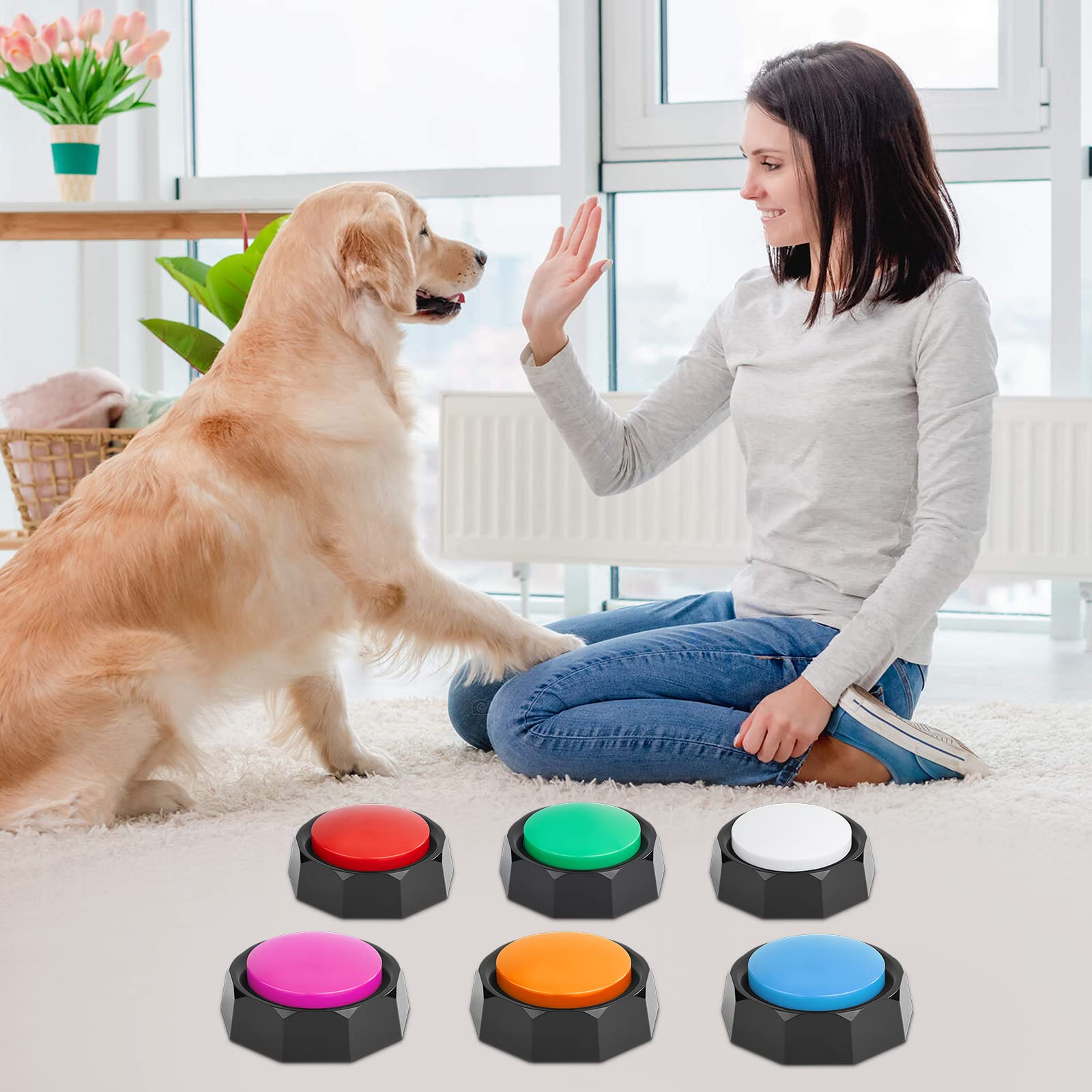 Pulsanti di allenamento per cani registrabili, 6 colori, pulsanti di addestramento vocale per cani con 25 adesivi e 3 tappetini per la comunicazione e l'addestramento