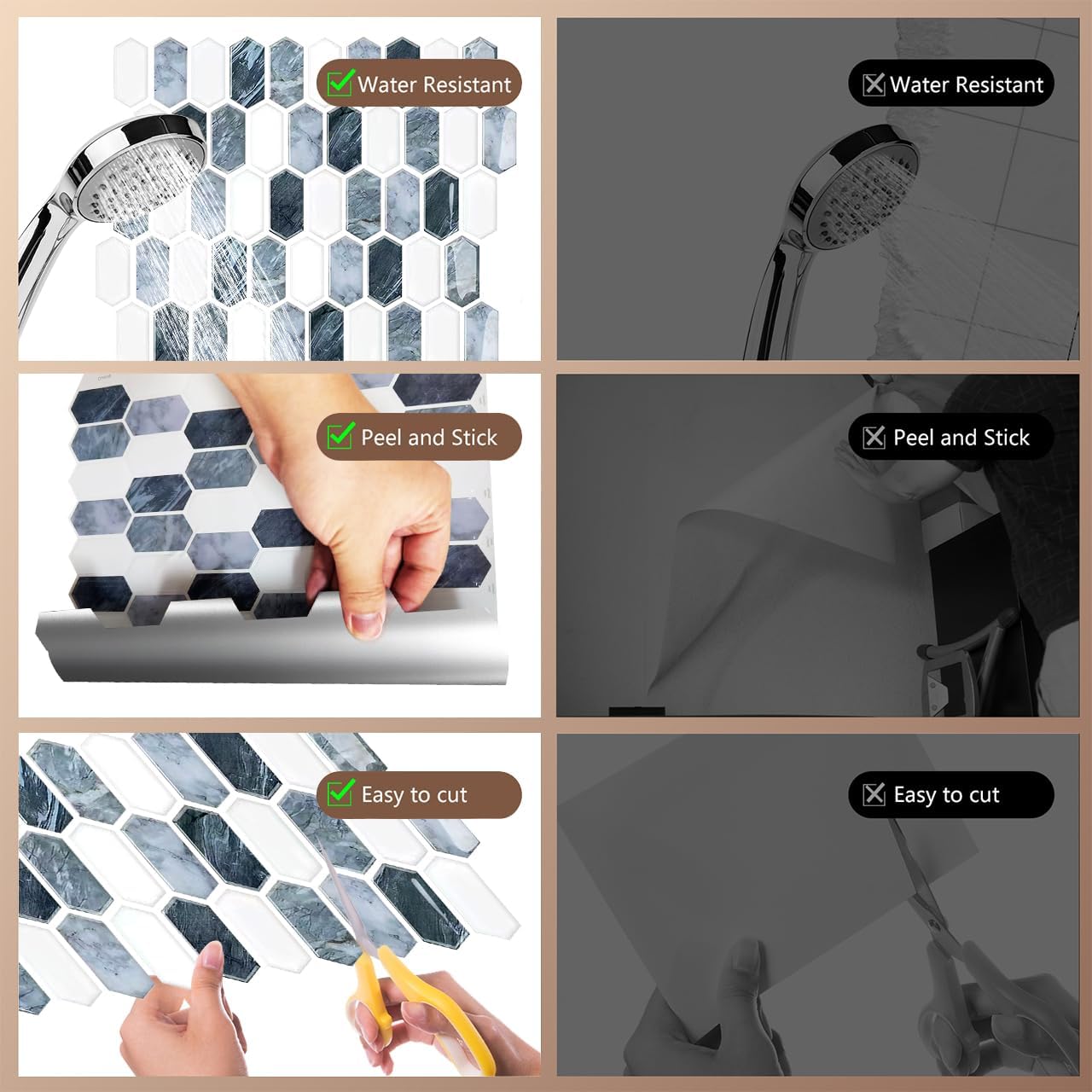 10-Sheet Backsplash Peel and Stick Tile Faux Marble 12"x12" White Blue Long Hexagon Self-Adhesive Glossy Heat Resistant Waterproof 3D Wall Panel Stick on Backsplash Kitchen Bathroom RV Fireplace