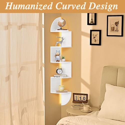 Miniatura 6 de Waipfaru Estantería esquinera de 5 niveles con luz LED, estante esquinero montado en la pared, estantes flotantes para pared, soporte de exhibición