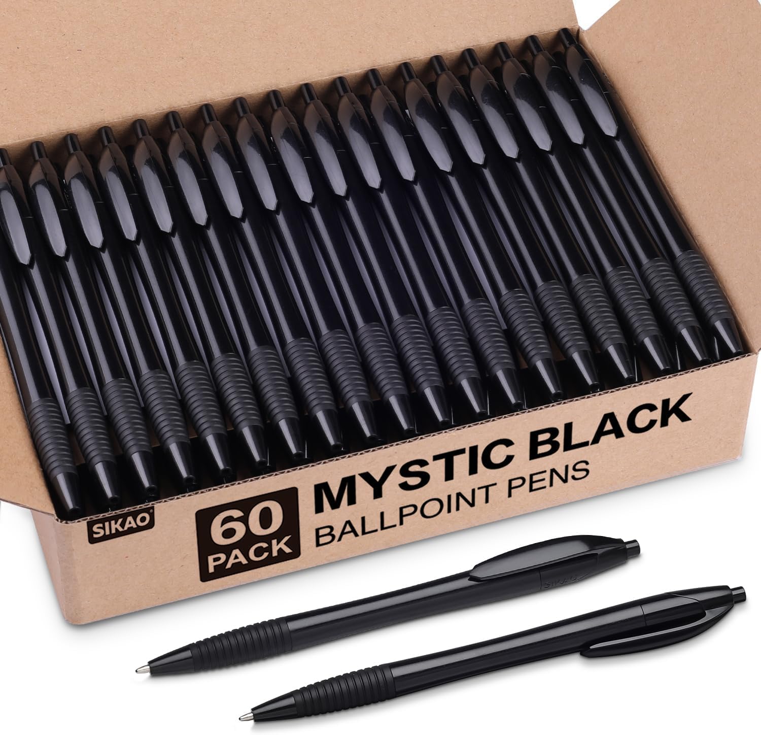 Pens Bulk, 60 Pack Black Gripped Slimster Ballpoint Pens, Black Ink 1.0mm Medium Point Smooth Writing, Retractable Bulk Pens for Office, School, Teachers, Students, and Business Use