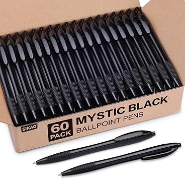 Black Pens Bulk, 60 Pack Gripped Slimster Ballpoint Pens | Black Ink 1.0mm Smooth Writing No Bleed No Skip, Click Pens with Soft Grip for Teacher Student Servers, School & Office Use