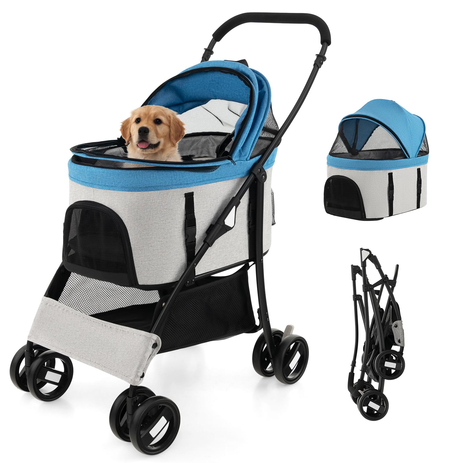 COSTWAY 3 en 1 Cochecito para Mascotas Plegable, Cochecito de Mascotas con Toldo Ajustable de 4 Niveles y Cesta de Almacenamiento, Carrito para Gatos con Porta Asiento de Coche Extraíble (azul)