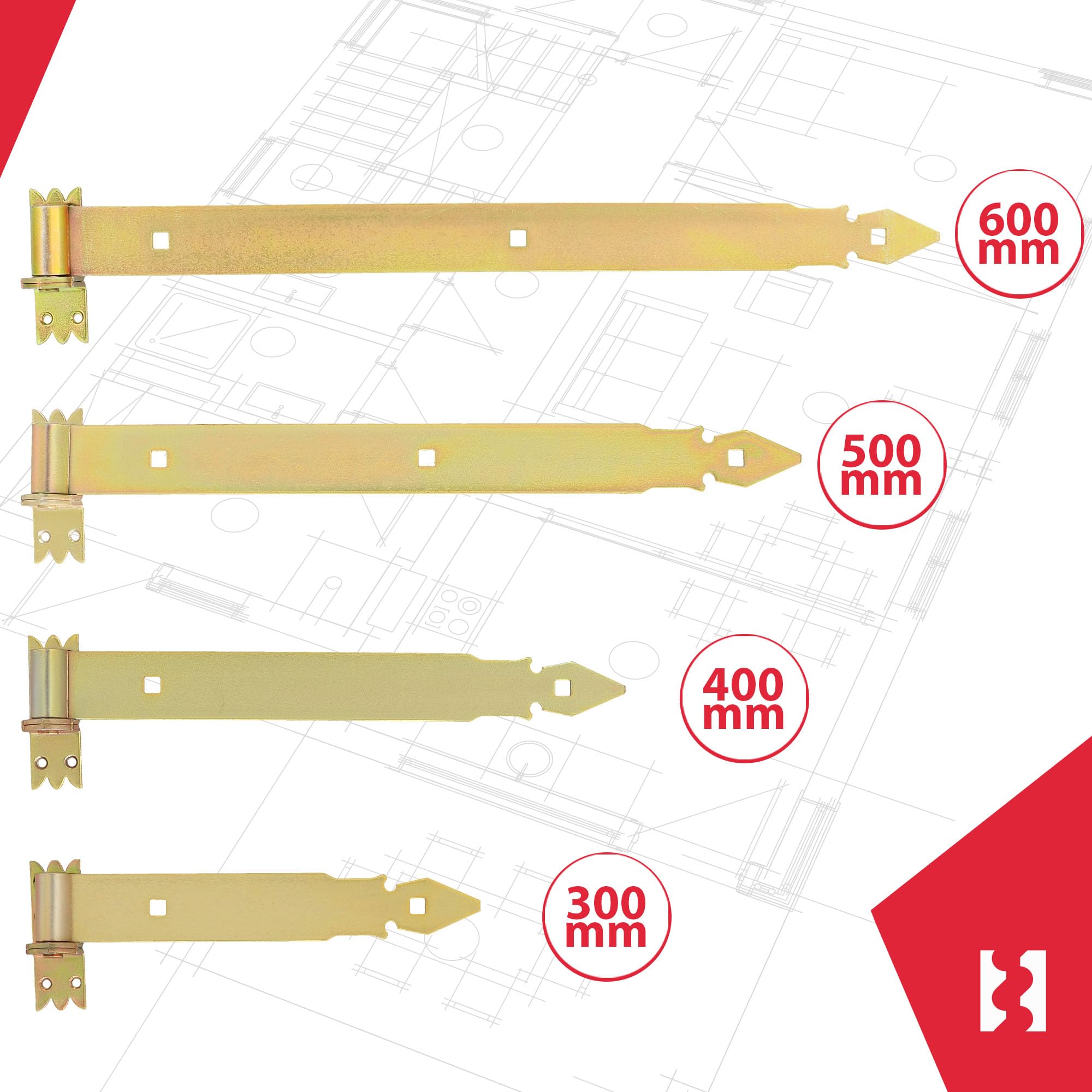 KOTARBAU® Lot de 2 charnières de portail avec gonds - 300 mm - Ferrure de porte - En acier inoxydable - Galvanisé - Jaune