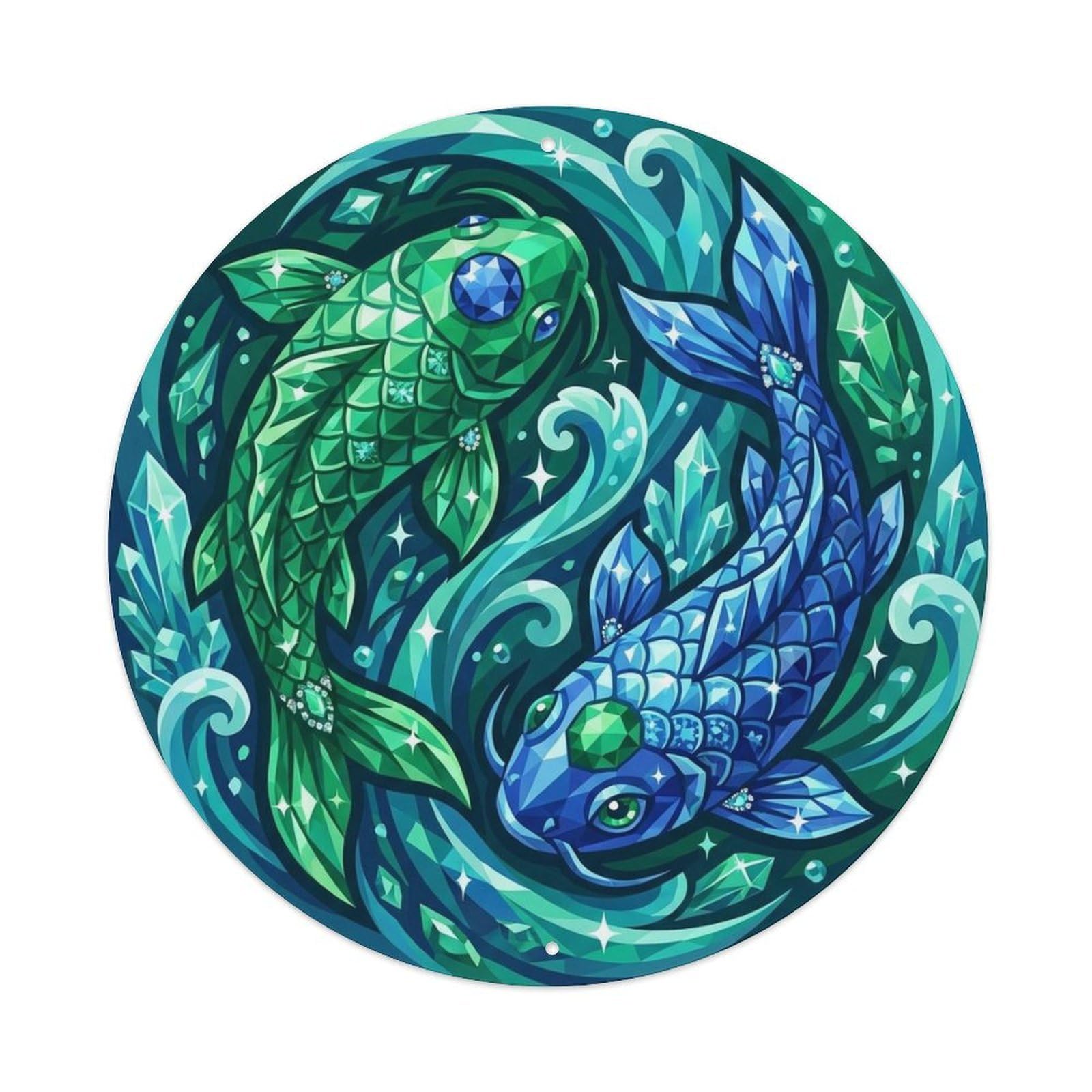 Olyhtr 8X8inch Classic Style Tai Chi Koi Fortune Jewel Zen Prosperity Metal Tin Sign