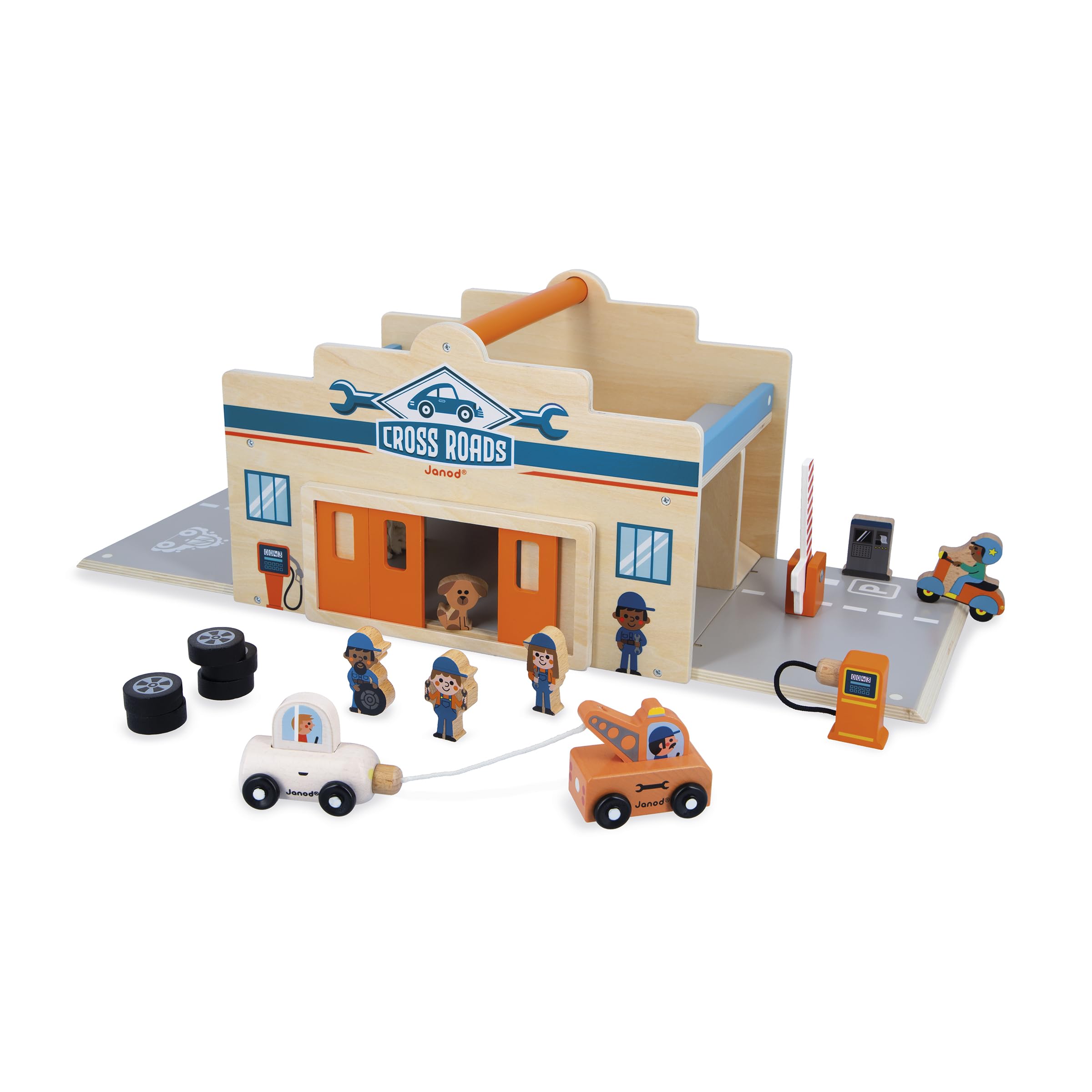Janod - Mi Primer Garaje de Madera para niños a Partir de 2 años - 2 Niveles, Taller mecánico + Lavado de Coches - 15 Accesorios incluidos - A Partir de 2 años