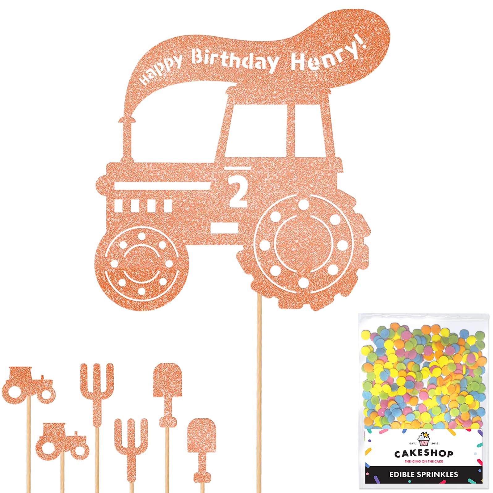 Personalised Farm Tractor Glitter Cake Topper- Rose Gold Any Custom Age & Name Glitter Cake Decoration and Sprinkles - Happy Birthday Decorations - Personalised Toppers for Cakes by Cakeshop โ image 1