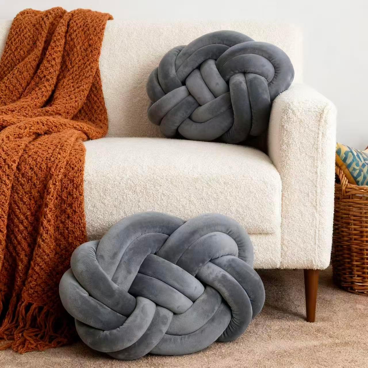 2Pcs Knotting Pillows, Hand-woven Knotting Plush Pillows, Suitable for Bedrooms, Sofa Cushions or Home Decorations, Comfortable Knotting Spherical Throw Pillows 15.7inches × 11.8inches (Dark Grey)