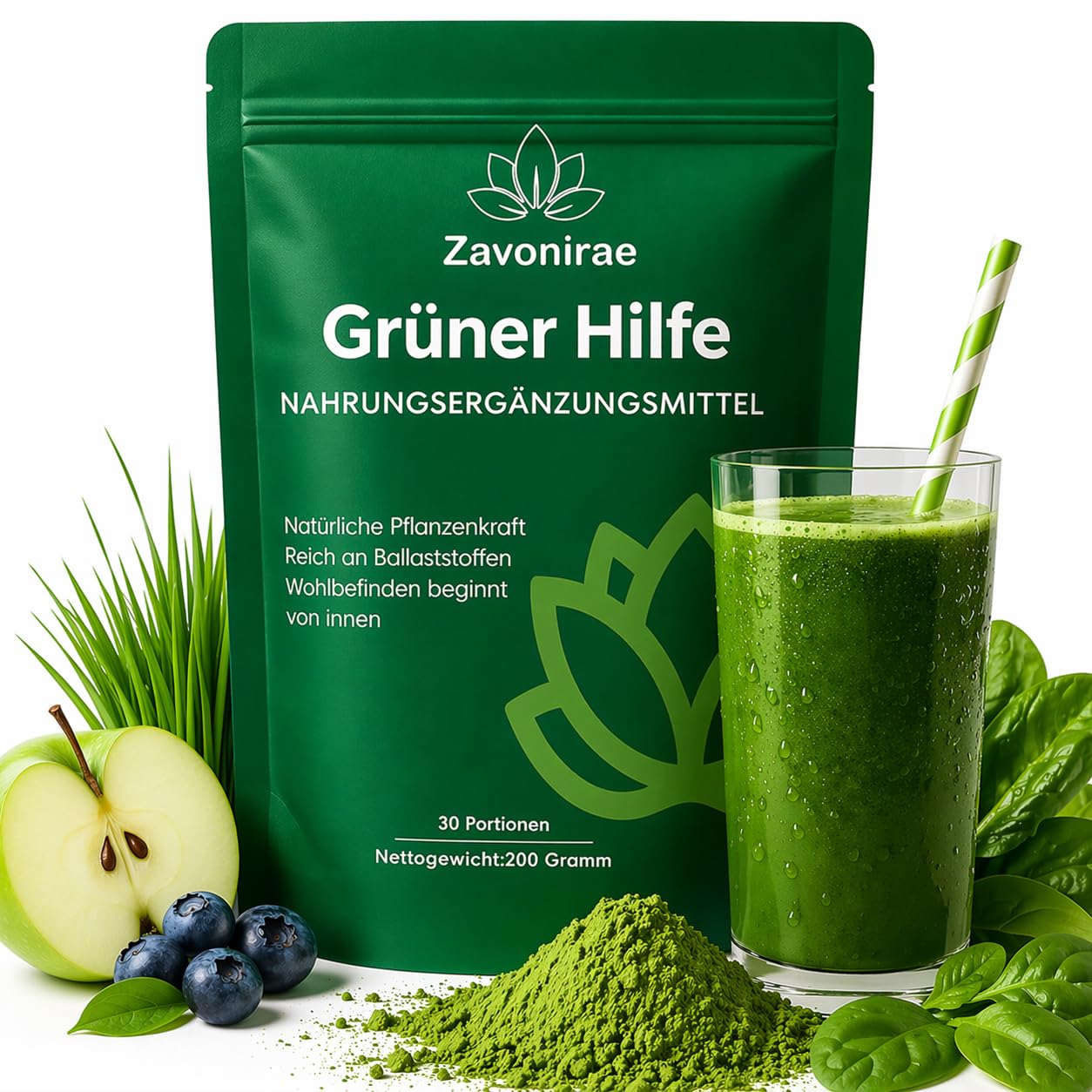 Grüne Entgiftungspulver helfer, 200g Superfood Pulver, Greens Pulver, Pflanzenpulver mit Matcha, Gerstengras, Heidelbeeren, Rich in Macronutrients, Micronutrients & Fiber