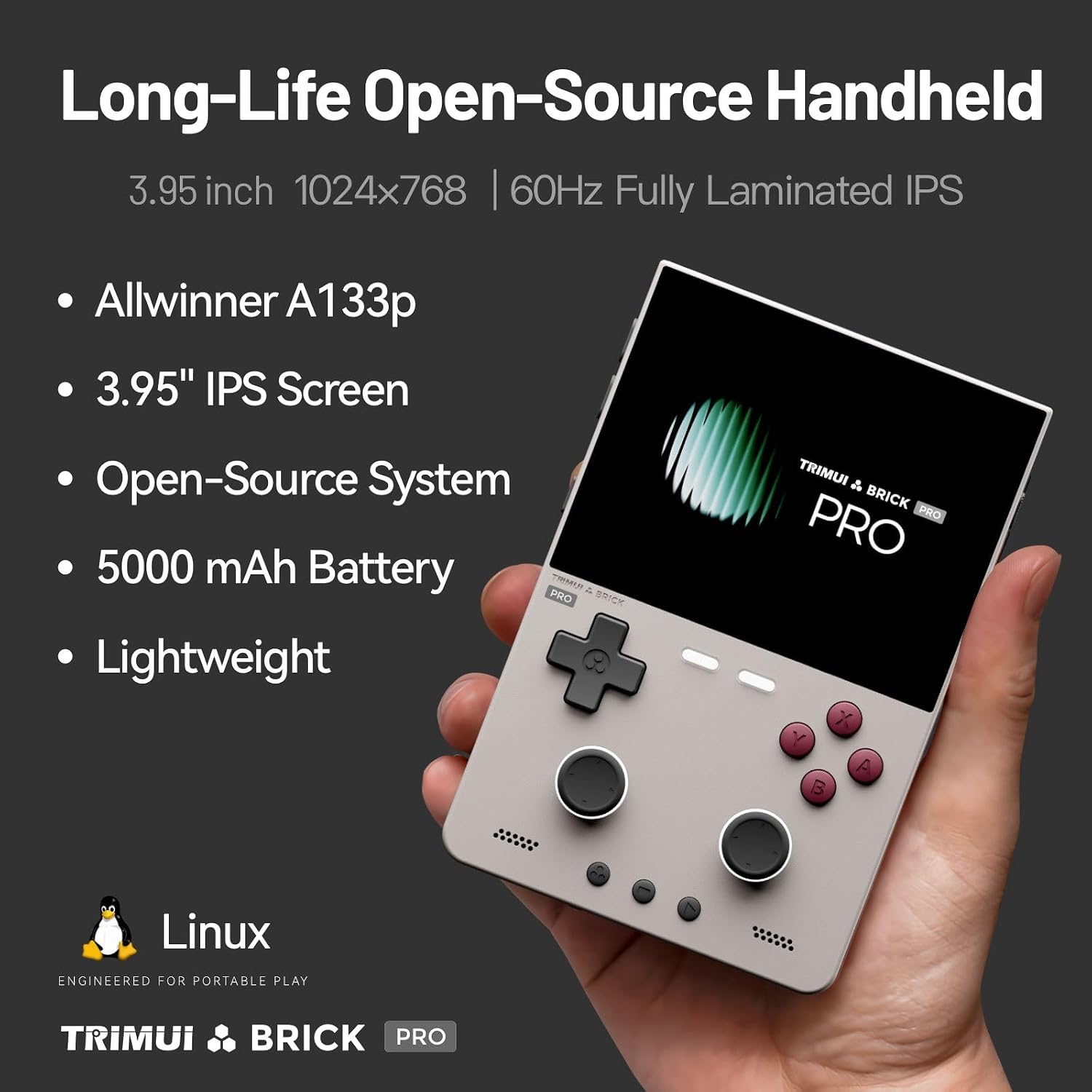 Trimui Brick Pro Handheld Game Console 3.95-inch 1024*768 IPS Screen 5000mAh Opensource with Screen Protector Gray