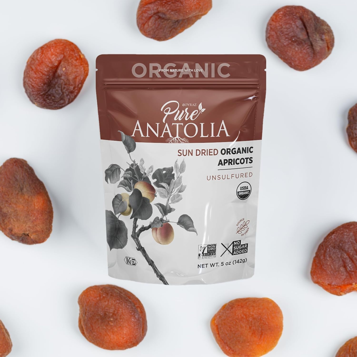 Pure Anatolia Turkish Organic Dried Apricots - Sun Dried Apricots No Sugar Added - Unsulfured Organic Fruit Snack Made from Turkish Apricot - Vegan, Non-GMO, Halal - 5 oz Resealable Bag, 6 Pack