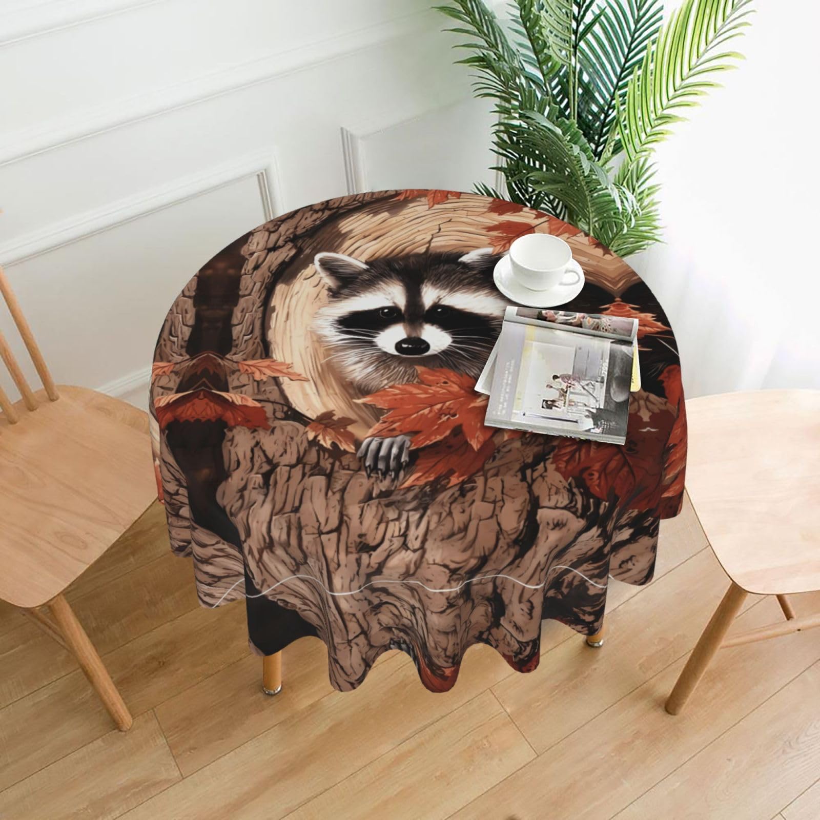 MROWYC Raccoon in The Fall Tree Hole Printed Practical Round Tablecloth, Durable, Suitable for Home, Restaurant, Hotel, Gathering, and Decorative Table Covers