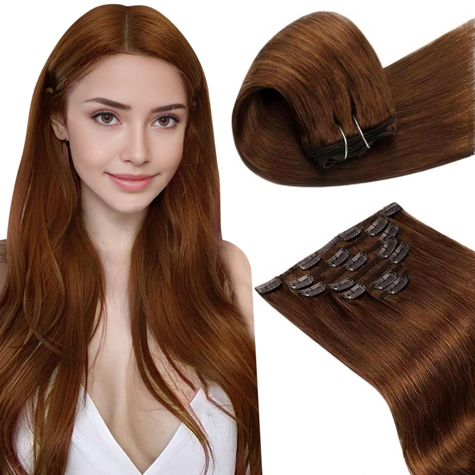 LaaVoo Clip in Hair Extensions Real Human Hair Brown Hair Extensions Clip in 24 Inch 120g 7pcs Full Head Straight Red Brown Remy Hair Double Weft #33