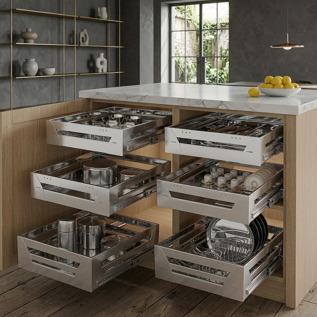 BLOO BASKET Stainless Steel 202 Modular Kitchen Rectangular Basket Utensil'S Drawer Perforated Set Of 6 (Size : 17 Inch Width X 20 Inch Depth) Silver-image-13