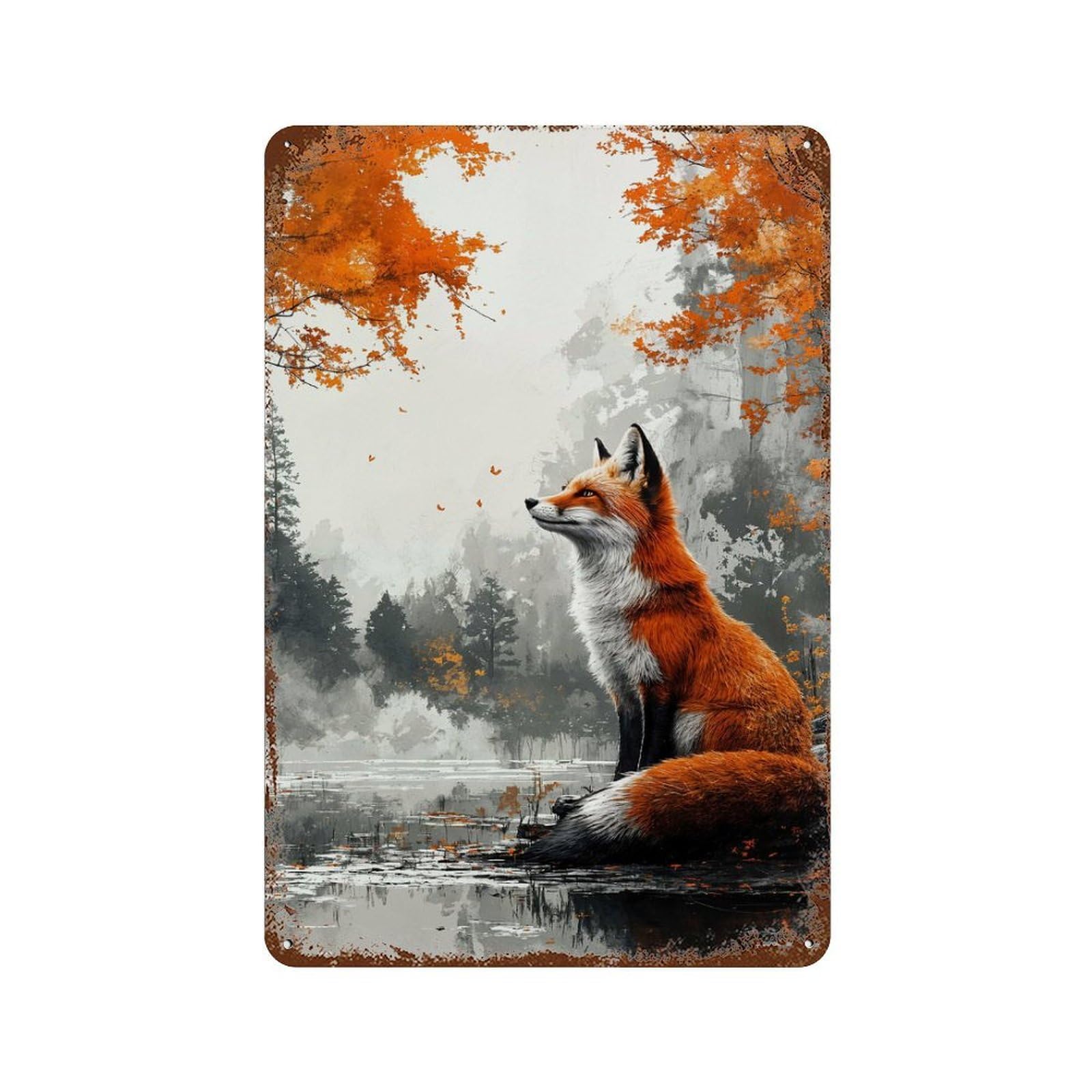 Rust Effect Fox in Autumn Landscape Rustic Tin Plaque 11.8"x7.9", Classic Wall Plaque for Shed, Workshop And Garage Wall Decor