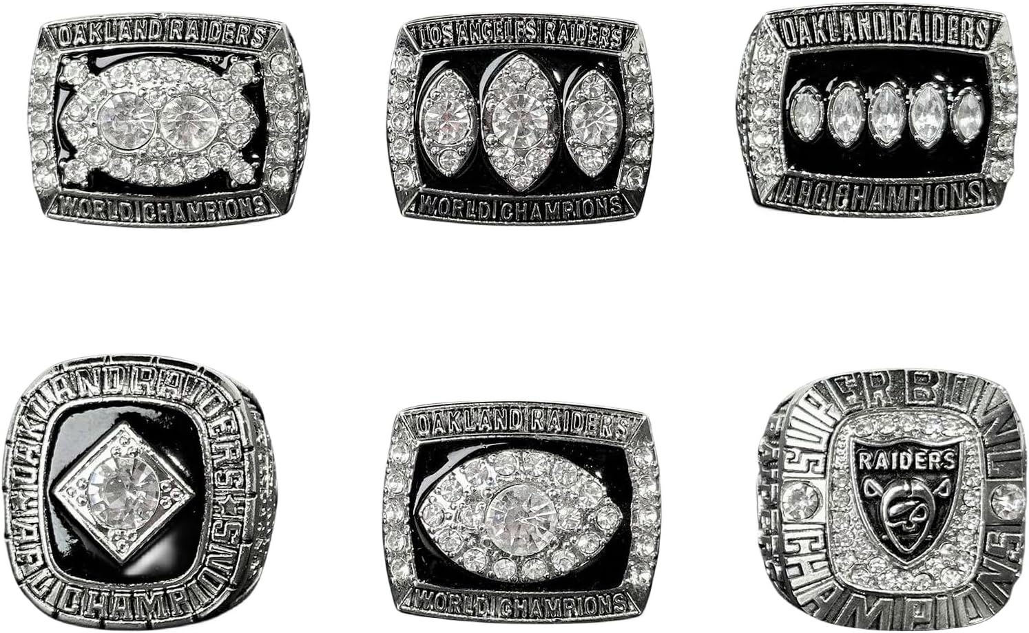 SILVER STYLE GIFT SET LAS VEGAS RUGBY 6-TIMES WORLD CHAMPIONSHIP RING, 6 RINGS SET WITH 6-HOLE WOODEN DISPLAY BOX PACKAGING, HOLIDAY GIFT FOR BASEBALL FANS