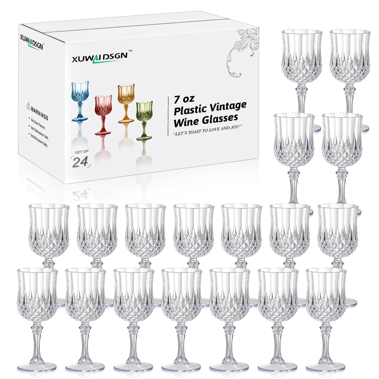 Photo 1 of XUWAIDSGN 24 Pcs 7oz Plastic Vintage Wine Glasses Drinking Glasses Unbreakable Wedding Glassware Crystal Water Goblets Reusable Drinkware Vintage Champagne Flutes (24, Clear)