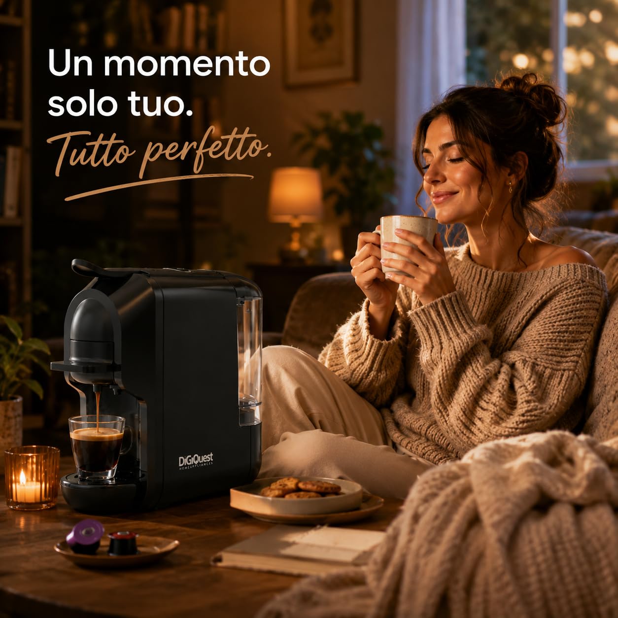 DIGIQUEST Macchina da caffè COFFY BLACK 3in1 compatibile con cialda, capsule Nespresso® e Lavazza® A Modo Mio® | Caffè corto e lungo | Potenza 1450 W | 0,6 Litri | 19 Bar
