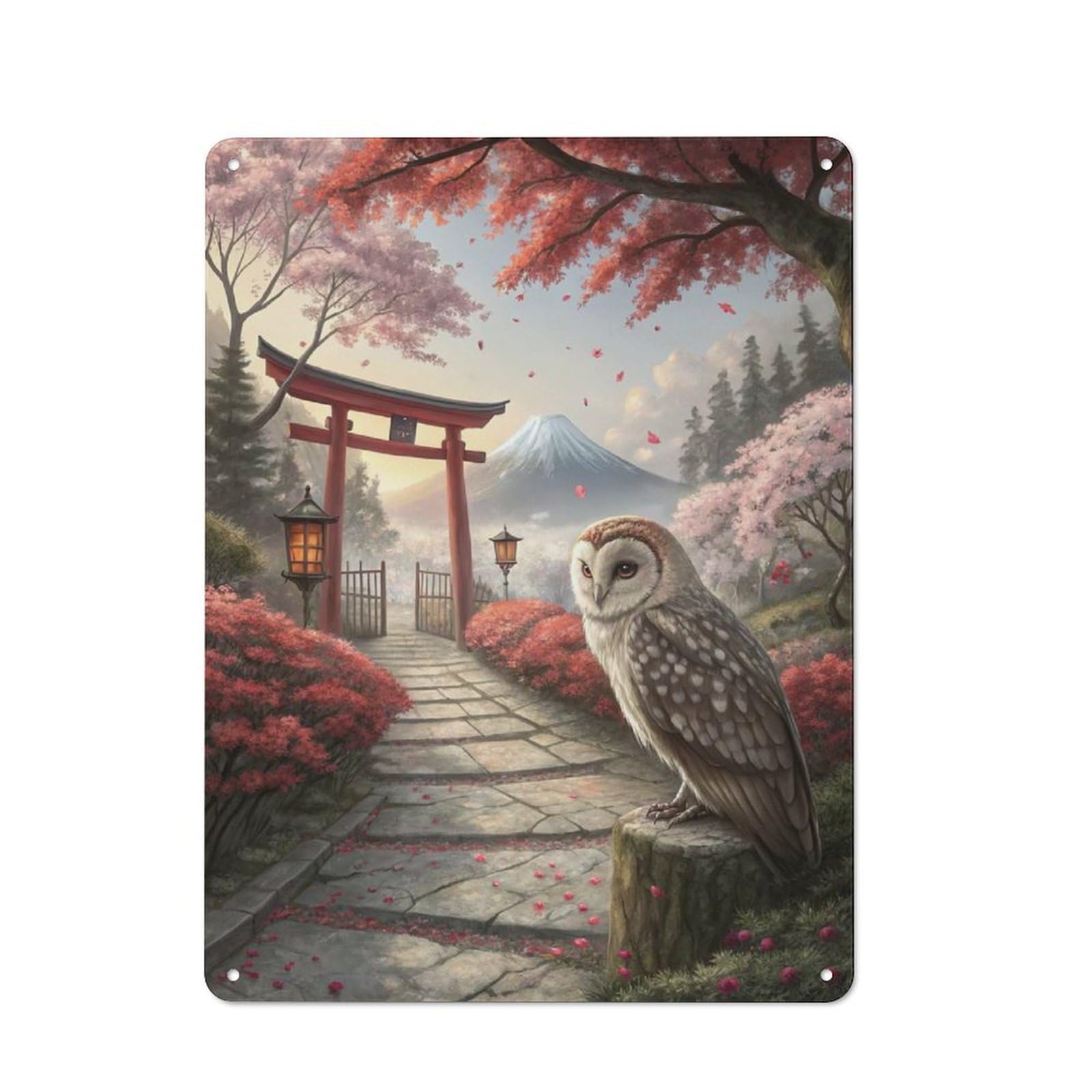 Decorative Tin Plaque with Owl in Japanese Garden with Mt. Fuji Design 40x30cm, Decorative Novelty Wall Art for Bedroom, Kitchen, Office Or Living Room