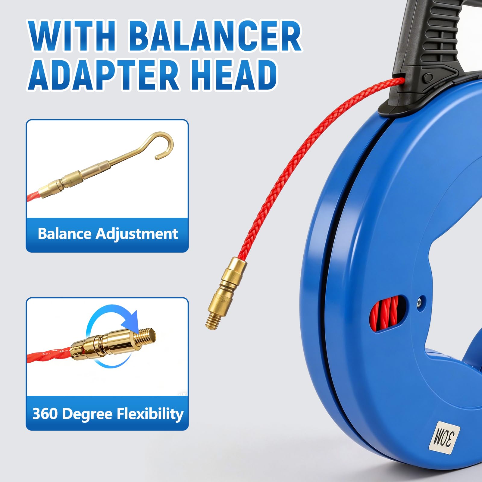 Ayudante de inserción de cable de fibra de vidrio de 30m con cable de 4mm, ayudante de inserción de cable con cabeza de cobre y 6 adaptadores, resorte de inserción, cable de tracción para tubos vacíos