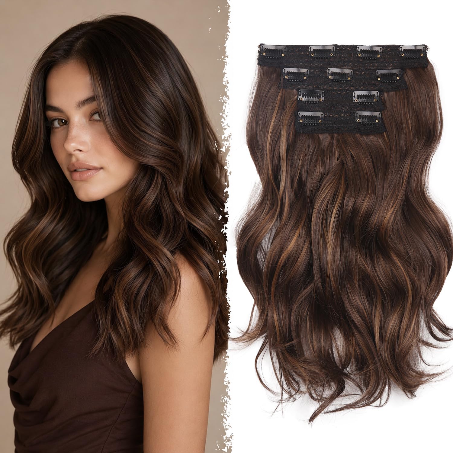 View 1 of 14 Inch Brown Hair Extensions, Wavy Synthetic Clip in Hair Extensions