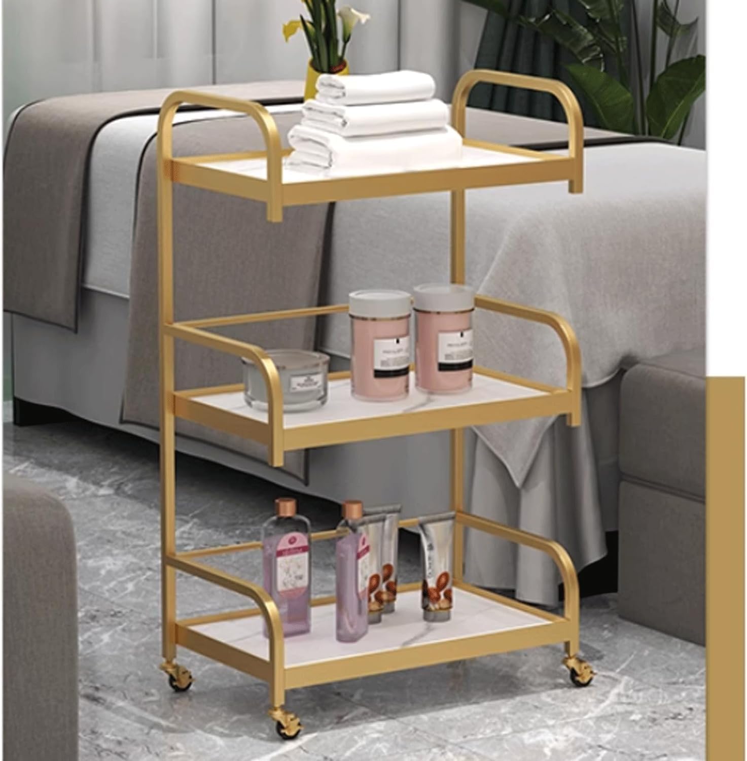 Mobiler Friseur-Arbeitsplatz, Salonwagen, Rollwagen for den Salon aus Metall, 3-stufiger Salonwagen, Ablagefächer, Rollwagen mit Rollen for den Aufbewahrungswagen for die Schönheit(Gold)